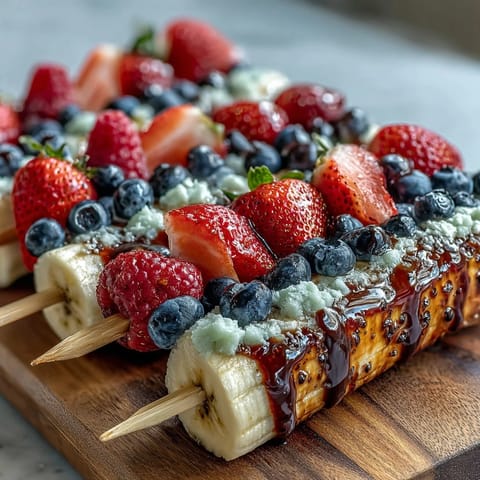 Vibrant Fourth of July fruit skewers with strawberries, bananas, and blueberries arranged in patriotic red, white, and blue layers.  