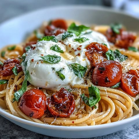 Caprese Pasta with Burrata features ripe cherry tomatoes, fresh basil, and creamy burrata cheese over al dente pasta for a vibrant summer meal.