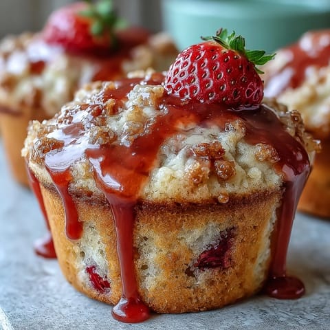 Fluffy strawberry lemon muffins topped with a sweet-tart glaze, bursting with fresh fruit and citrus aroma.