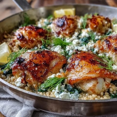 Golden-brown Creamy Greek Chicken & Pearl Couscous Bake served from a skillet with a fresh dill garnish and lemon wedges.