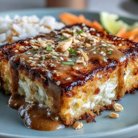 Oven-baked tofu with crunchy fresh vegetables, aromatic herbs, and rich peanut sauce over steaming brown rice in a nourishing bowl.  