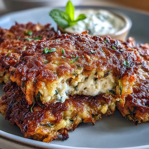 Golden pan-fried zucchini pancakes loaded with crumbled feta, paired with a tangy mint yogurt dip for a Mediterranean-inspired snack.  