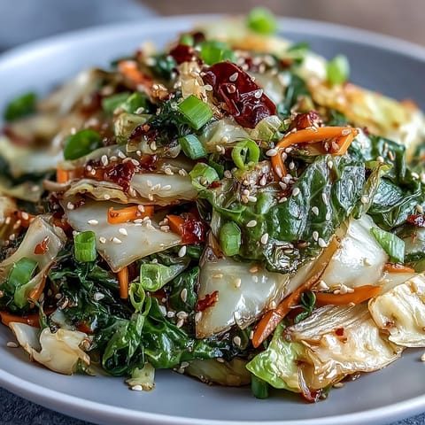 Spicy Cabbage Stir Fry with vibrant vegetables sizzling in a hot wok, topped with sesame seeds.
