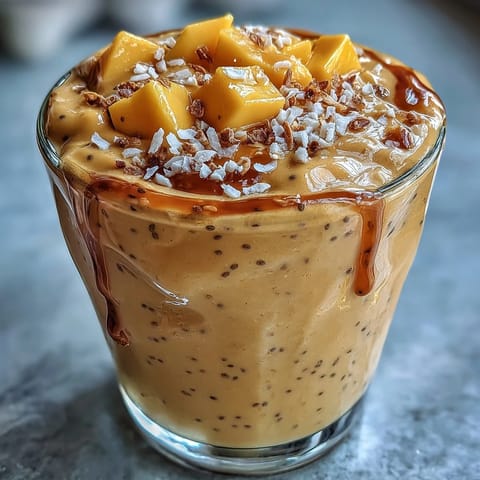 Creamy mango coconut chia smoothie with tropical mango chunks and a sprinkle of chia seeds in a tall glass.