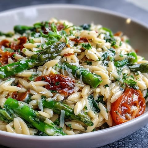 Spring Orzo Primavera with asparagus, peas, and parmesan in a vibrant vegetable pasta dish.  