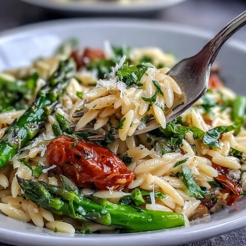 Creamy Spring Orzo Primavera featuring fresh basil, zucchini, and cherry tomatoes for a seasonal feast.  