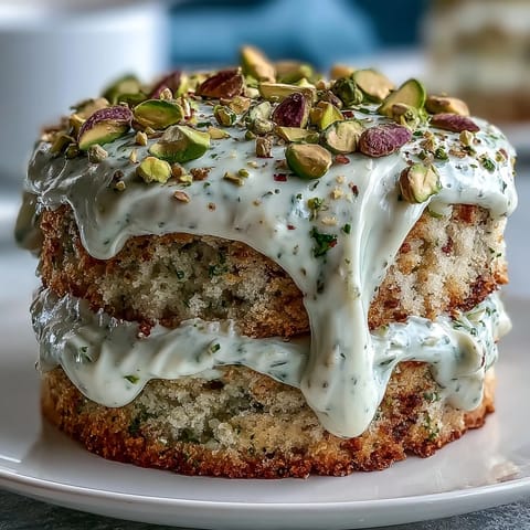 A vibrant spring birthday cake with zesty lemon sponge layers and creamy lemon-pistachio frosting, decorated with chopped pistachios and edible flowers.