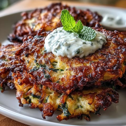 Crispy zucchini fritters with feta and fresh herbs, served with a cool yogurt mint dipping sauce for a flavorful appetizer.  