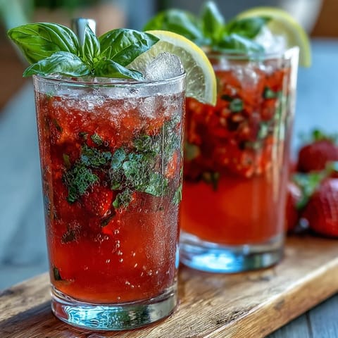 Vibrant strawberry basil mocktail with fresh fruit and fragrant herbs, perfect for summer sipping and gatherings.