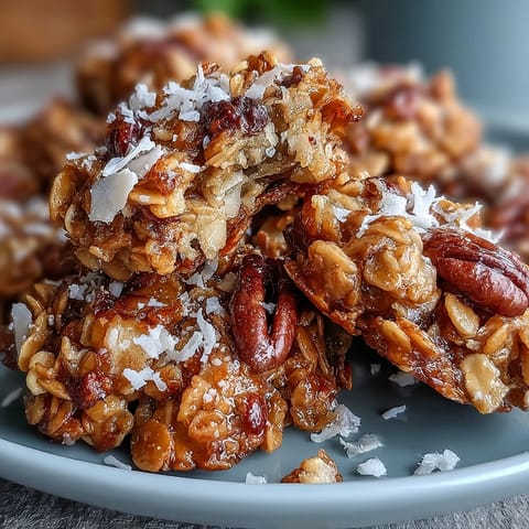 Homemade granola clusters with hearty oats, crunchy nuts, and golden honey baked to perfection for a wholesome breakfast or snack.  
