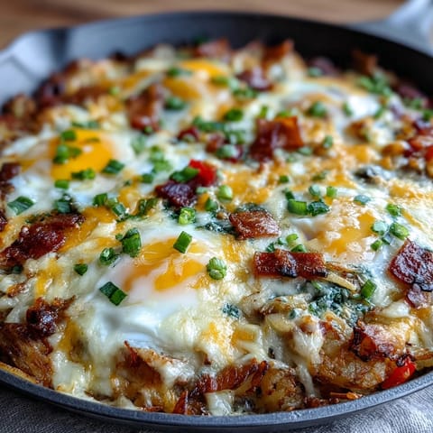 Loaded hash brown skillet: crispy potatoes, gooey cheese, and runny eggs ready for brunch.