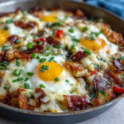 Hearty Father's Day breakfast: loaded hash brown skillet awaits with savory bacon and peppers.