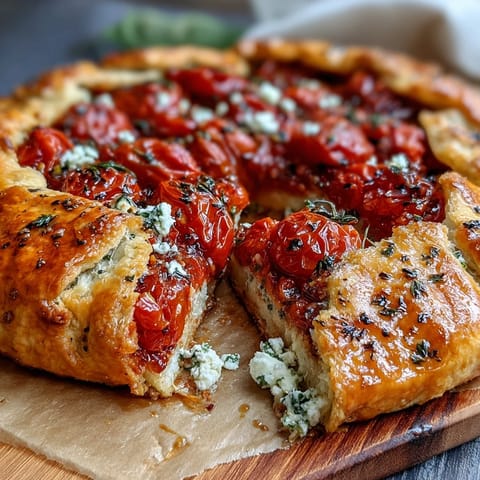 Rustic Italian-inspired galette showcasing bright tomatoes and creamy feta cheese.