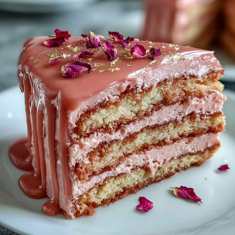 Elegant pink Bridal Shower Rosé Velvet Cake with sparkling gold drip.
