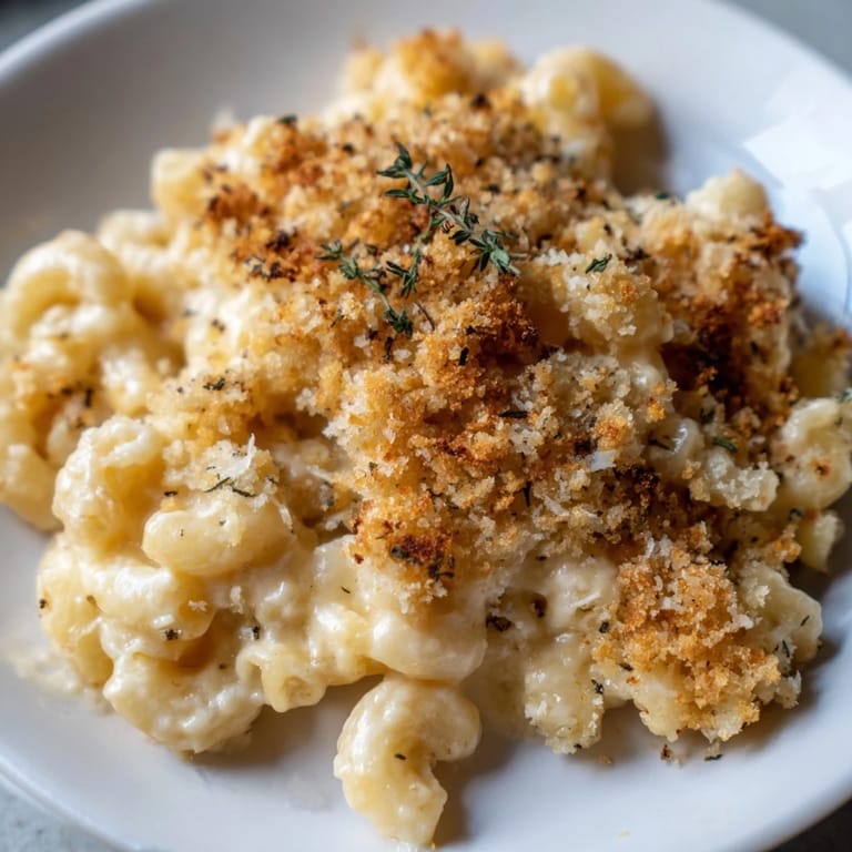 A close-up of creamy, cheesy Old-Fashioned Baked Mac & Cheese, bubbling in a baking dish, ready to eat.