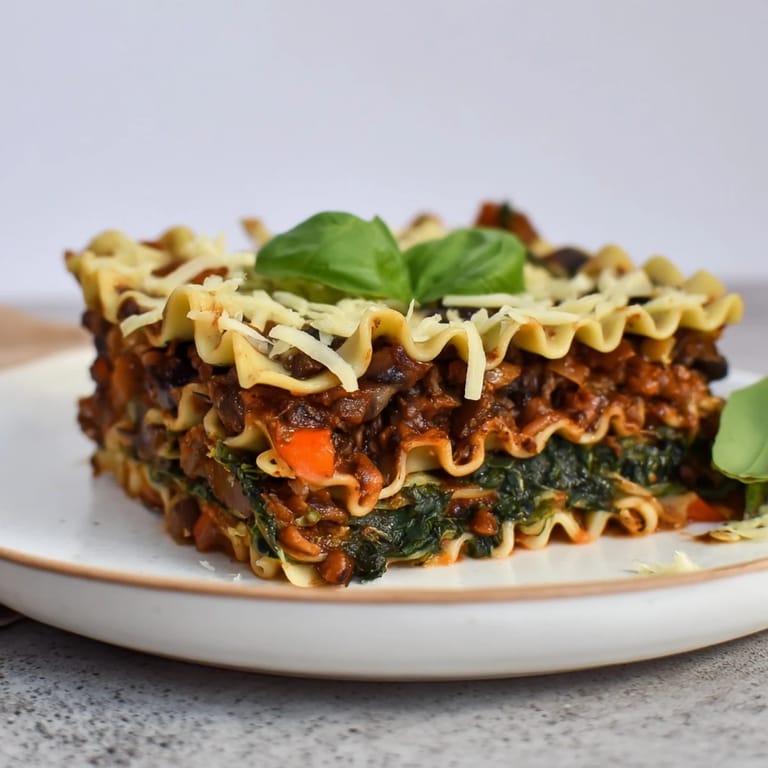 Savory vegan lasagna recipe, showcasing layers of noodles and a bubbling, baked topping.