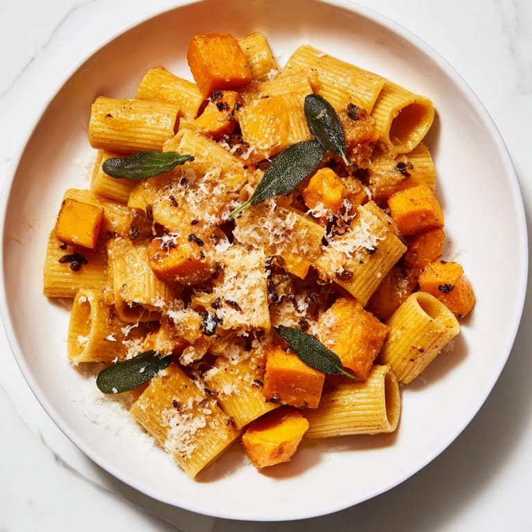 A steaming bowl of comforting Brown Butter Pasta: squash, herbs, and perfectly browned butter, ready to eat.