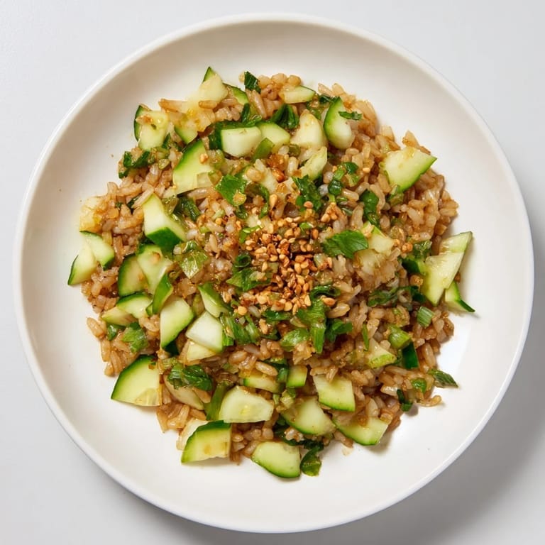 Vibrant Crispy Cucumber Rice Salad features crunchy cucumber and fluffy rice, drizzled with sesame-soy dressing.