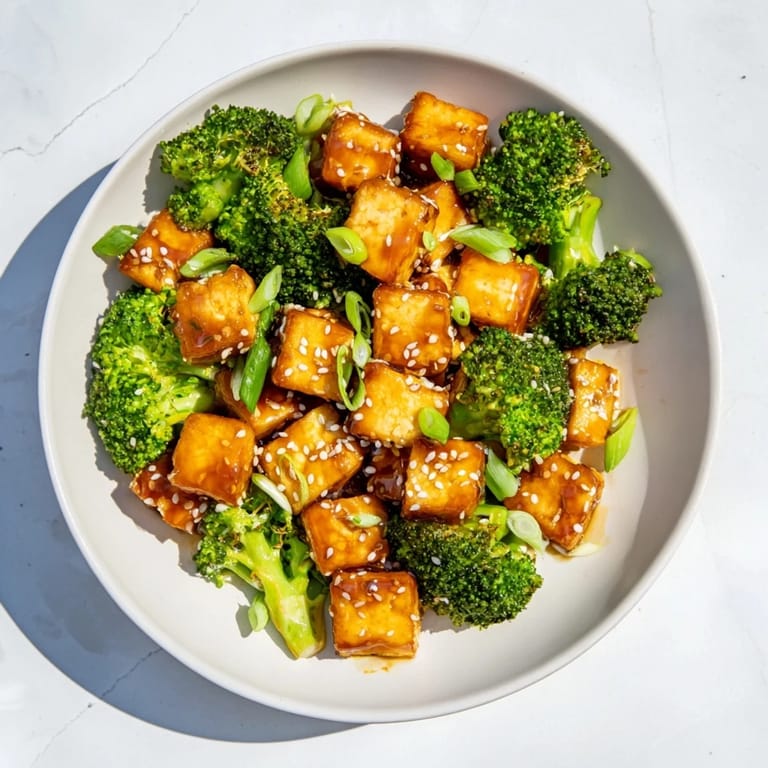 Sheet pan sesame tofu and broccoli, cooked to perfection, served with rice for a complete meal.
