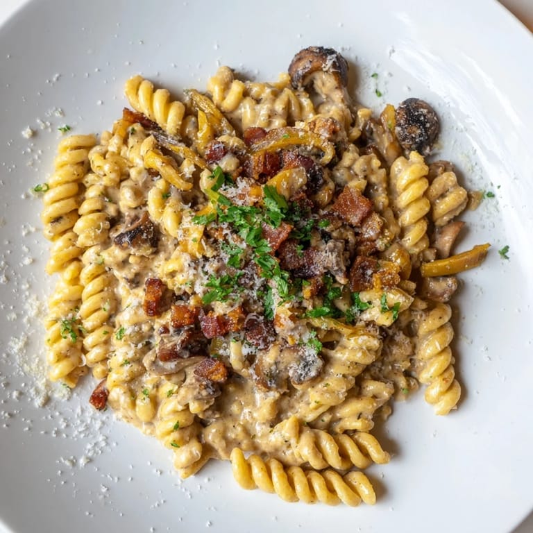 Warm bowl of fusilli with bacon, onions, and mushrooms, a comforting Italian-inspired dinner.
