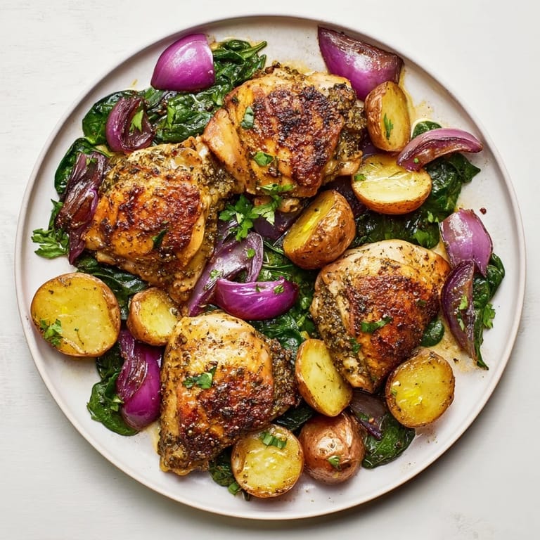 Aromatic steam rises from the sizzling pan-roasted chicken featuring vibrant greens and lemon wedges.