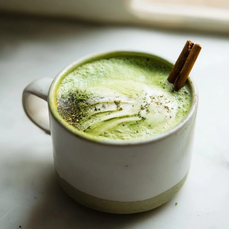 Frothy Maple Cinnamon Gingerbread Matcha Oat Latte, showing layers of green matcha and creamy oat milk.