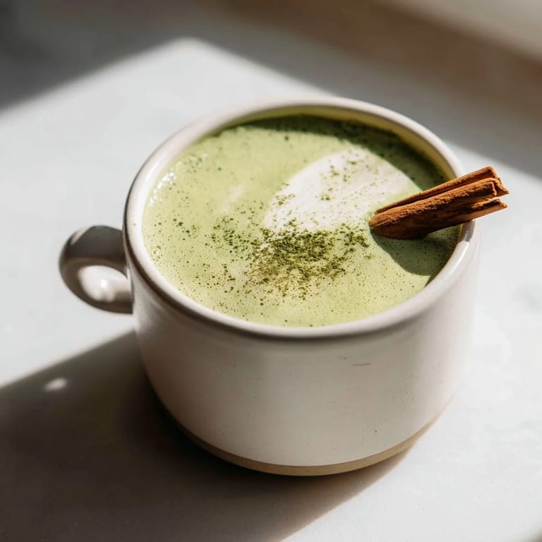 A steaming mug of Maple Cinnamon Gingerbread Matcha Oat Latte, topped with a cinnamon stick, ready to enjoy.