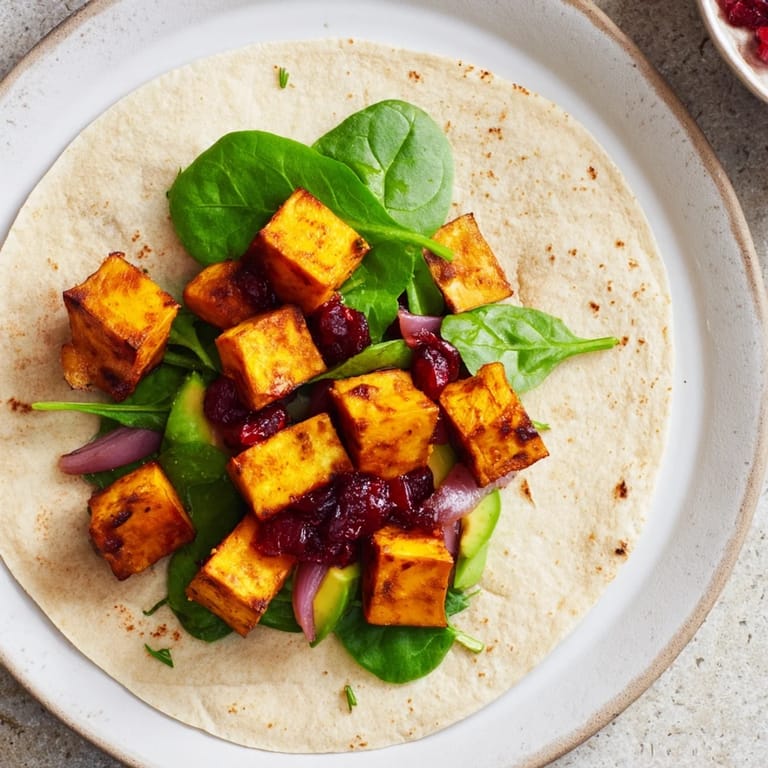 Warm, appetizing image of the Roasted Sweet Potato & Black Bean Holiday Wrap, featuring tender veggies and satisfying beans.
