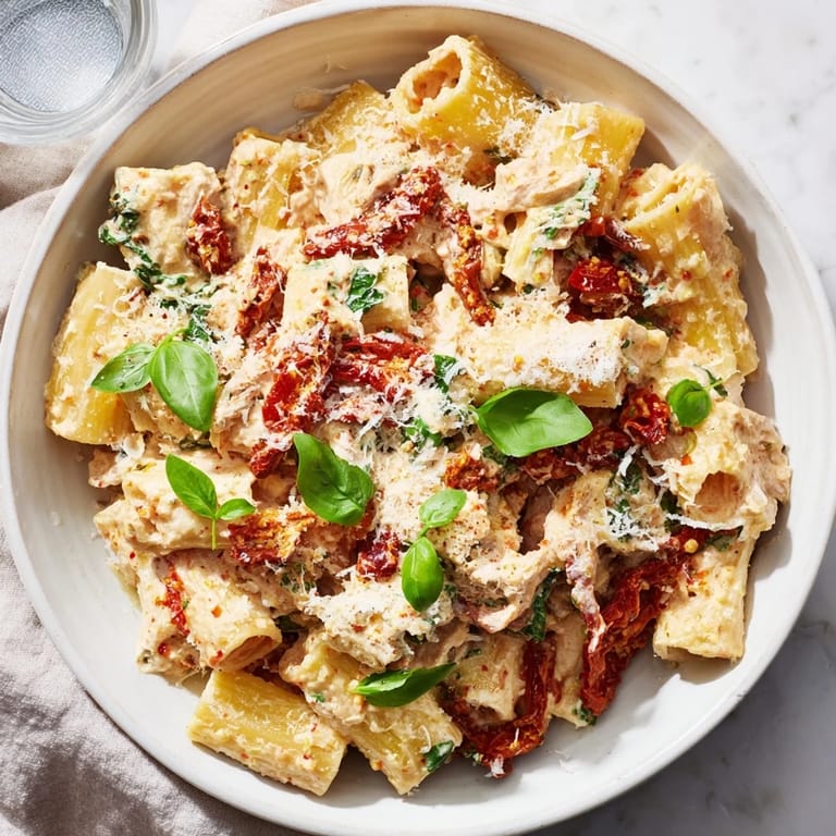 Bright red sun-dried tomatoes and spinach are mixed into creamy cottage cheese pasta.