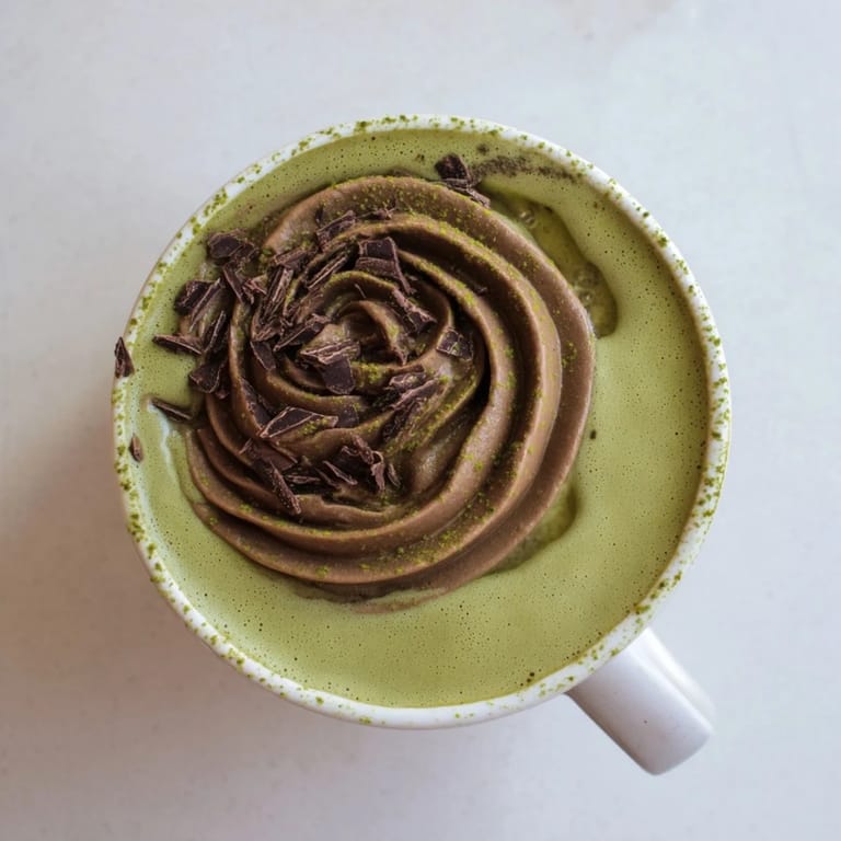 Enjoy the vibrant green Matcha Hot Cocoa Protein Mug, perfectly paired with optional dark chocolate shavings.