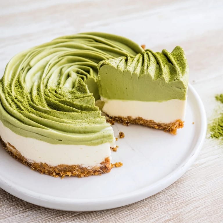 No-bake Matcha Swirl Snowdrift Cheesecake Cups, showing a perfect slice with a fluffy, matcha-infused filling.
