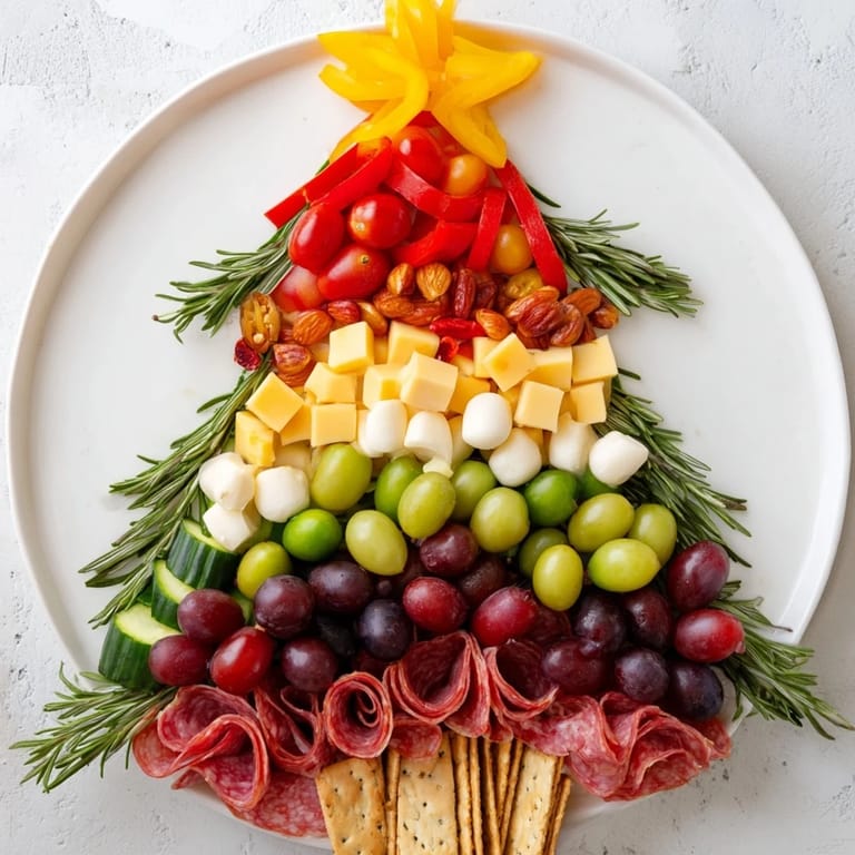 Enjoy the flavors of this delicious Christmas Tree Snack Board, featuring crackers, meats, and fresh garnishes.