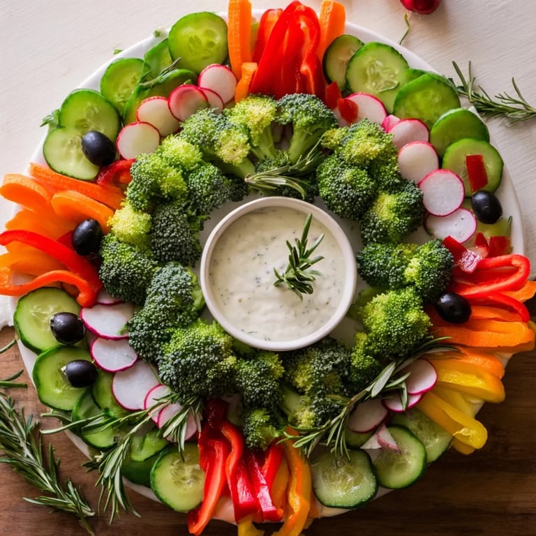 Vibrant wreath veggie dip platter: a delicious array of fresh vegetables with inviting homemade dip.
