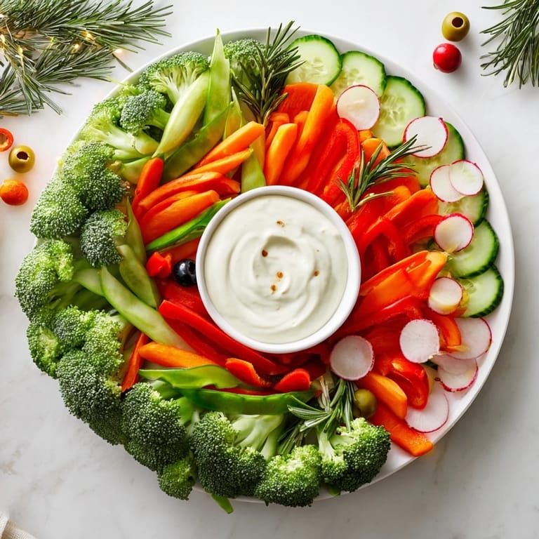 Appealing wreath veggie dip platter: experience the fresh crunch of vegetables plus a creamy dip.