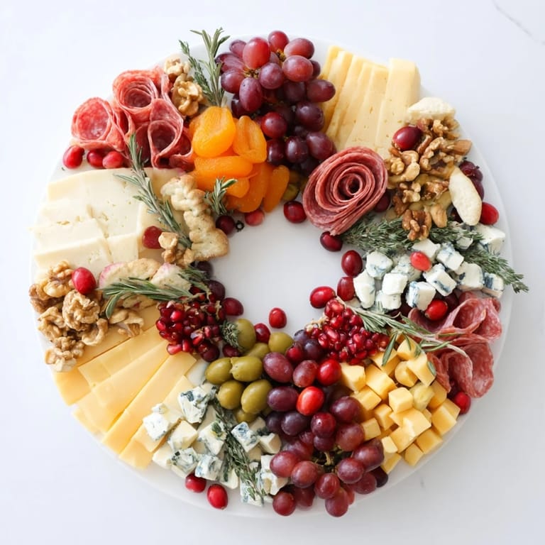 This colorful Holiday Wreath Cheese Platter offers a delicious array of cheeses, crackers, and seasonal garnishes.