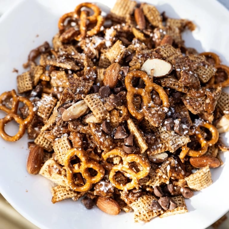 A close-up view of the delicious Festive Pine Cone Snack Mix; sweet, salty, and wonderfully textured.