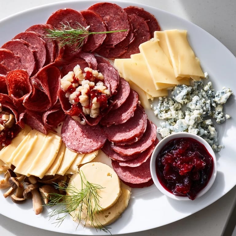 Festive reindeer charcuterie board showcasing smoked reindeer, Gouda, and lingonberry jam for a holiday appetizer.
