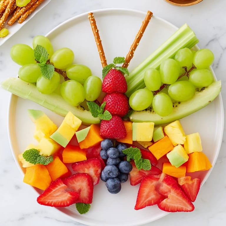 Vibrant Butterfly fruit tray displays an array of fresh, sweet fruits with a celery body!