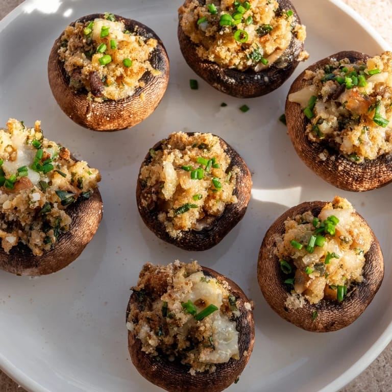 Close-up of baked Enchanted Forest Mushroom Nibbles, showcasing the herb-filled stuffing with a garnish of chives.