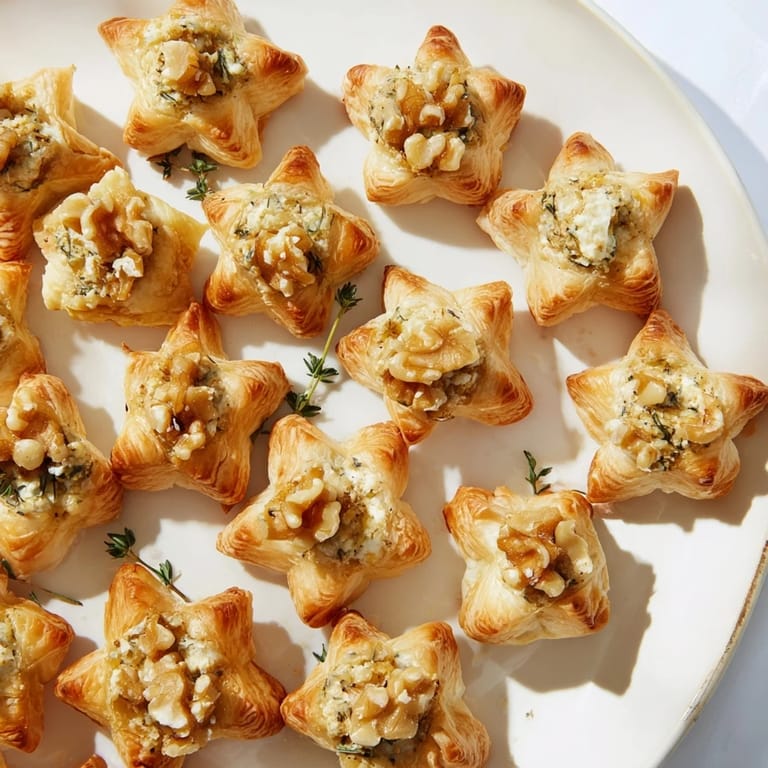 A close-up of the flavorful Starry Night New Years Appetizers, with balsamic glaze and gold leaf visible.