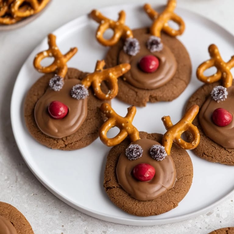 A delicious display of Santas Reindeer Cookies, each with a brown icing face and candy decorations.