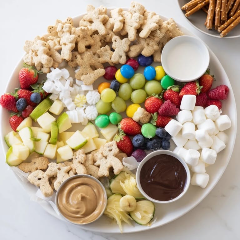 Fun-filled Animal Cracker Safari Board with a variety of fruits, dips, and treats arranged playfully.