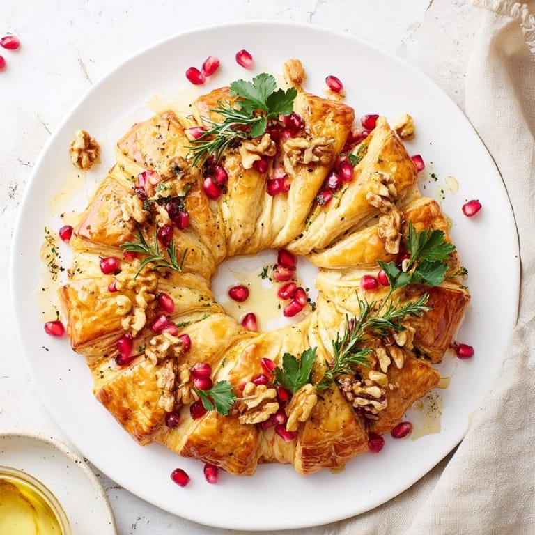 Festive Pomegranate and Brie Wreath, ready for serving, showcasing a lovely appetizer with holiday elegance.