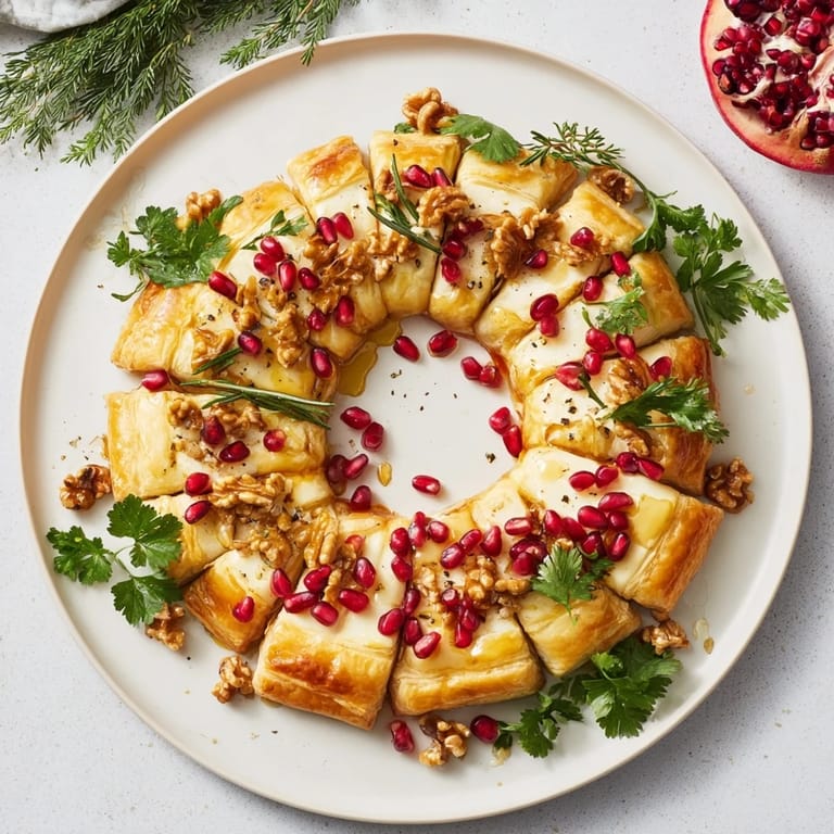Close-up of a delightful Pomegranate and Brie Wreath, a savory, fresh-tasting appetizer for any gathering.
