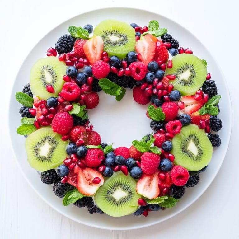 Fresh kiwi and berry wreath arrangement, perfect as a festive, healthy appetizer centerpiece.
