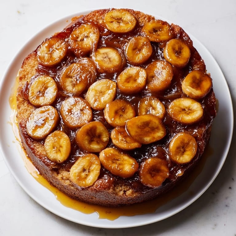 A close-up of a freshly baked banana bread cake, showing the soft crumb and glistening topping.