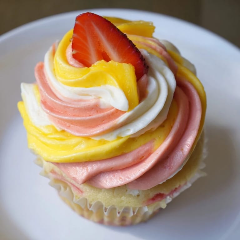 Close-up of a Mango Strawberry Sunset Cupcake, offering a sweet bite of summer flavors and textures.