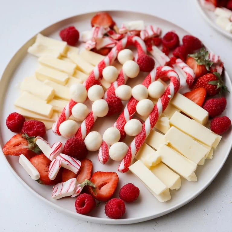 A beautifully arranged Festive Red and White Candy Cane Snack Board showcasing fresh berries and sweet treats in a candy cane pattern.