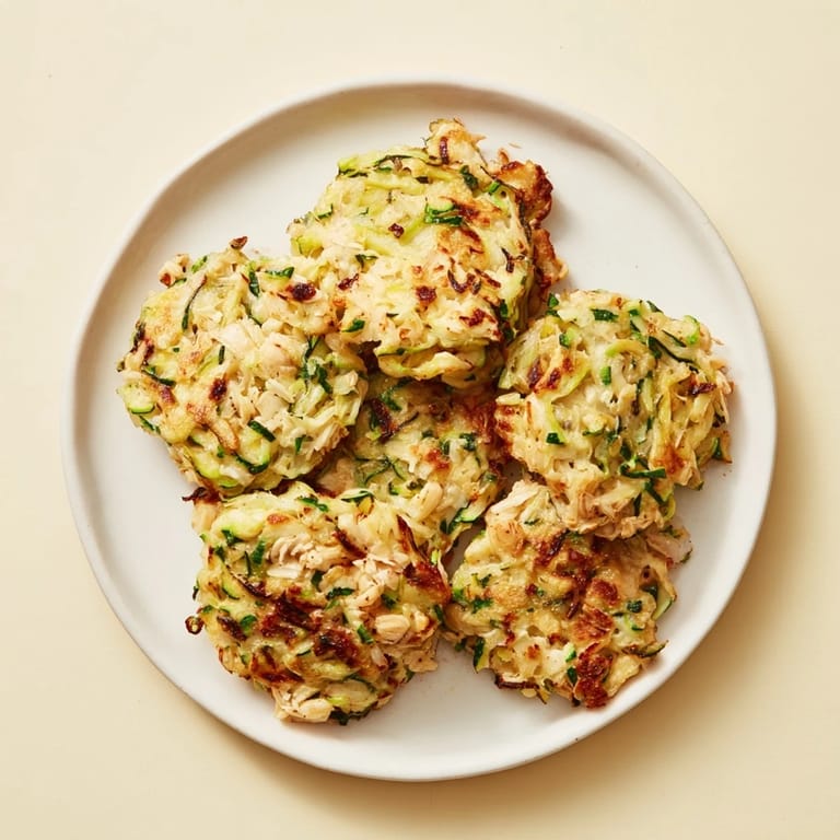 A close-up of delicious High-Protein Chicken Zucchini Fritters, showing shredded chicken and herbs.