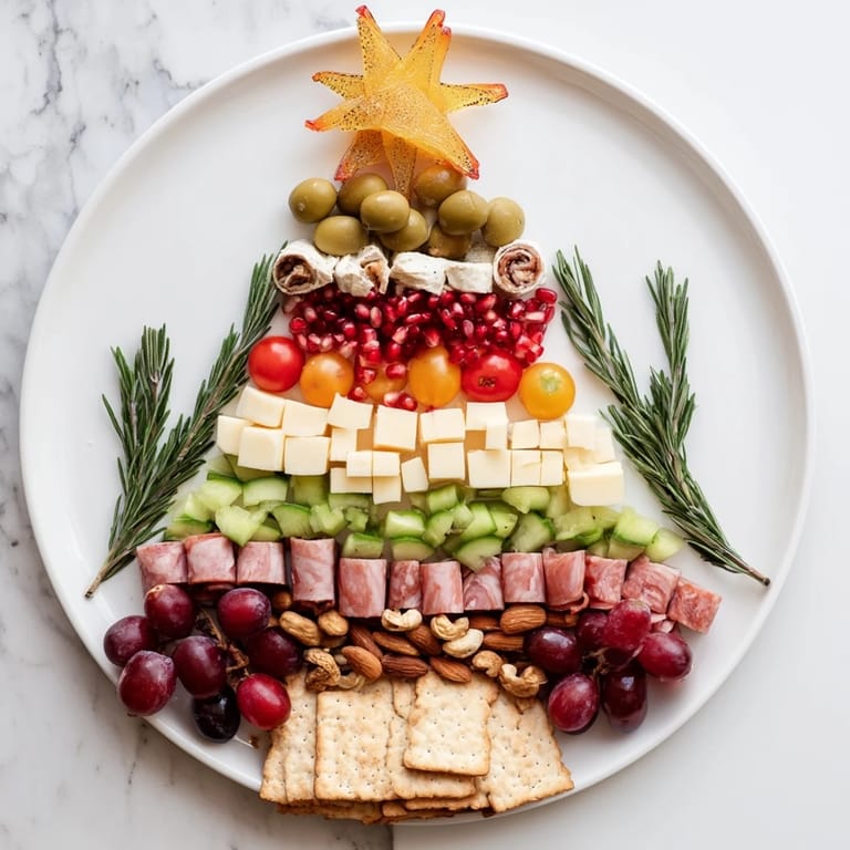 A beautifully arranged Festive Holiday Tree Appetizer Platter offers a colorful array of savory and sweet holiday treats.